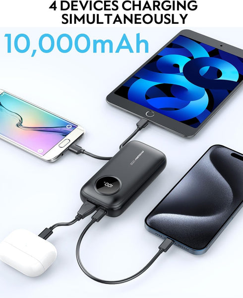 AYEWAY 10,000mAh Mini Portable Charger with Built-in Cable, USB C Fast Charging Power Bank with 4 Outputs, External