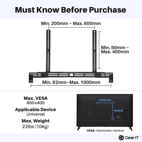 GEARit 22 lbs) Sound Bar Mount, Soundbar TV Bracket (Up to Mount Top or Bottom or Wall Hold, Height and Depth