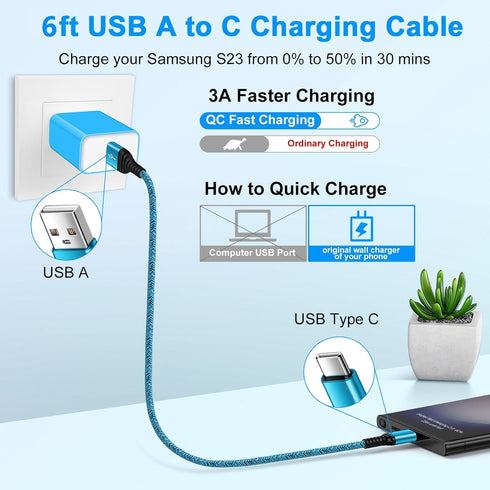 USB C Charger Cable Fast Charging 3 Pack 6ft for iPhone 15 Pro Max/15 Plus/15 Pro/15, 3.1A Braided Car Cord USB A to USB C Android Phone Power Cord for Samsung Galaxy S24 A54 A14 S23 Ultra FE S22 S21 by ABCPOW