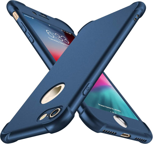 ORETECH iPhone 7/8 Case with 2 Pack HD Screen Protector, 360° Full-Body Silicone Soft TPU Protective Cover, Blue