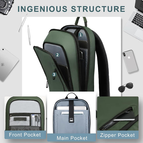 hk Backpack for Men Slim Business Backpack with USB Charger Lightweight Anti-theft Water Resistant Laptop Bag for