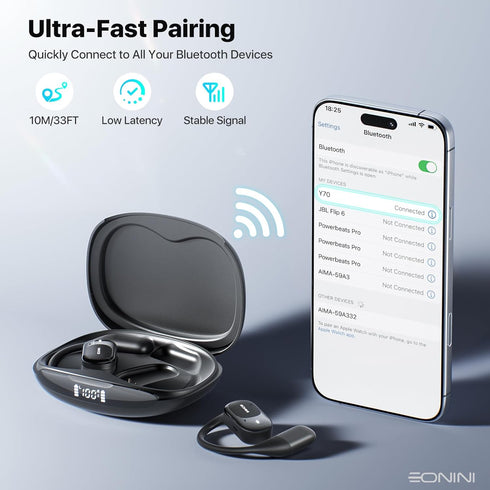 40H IPX5 5.3 Eonini Open-Ear Earbuds with Earhooks, LED Display Case, Lightweight & Secure Fit, All-Day Comfort