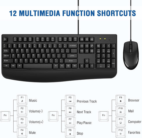 Wired Keyboard and Mouse Combo, EDJO Full-Sized Ergonomic Keyboard with Palm Rest and Optical Wired Mouse