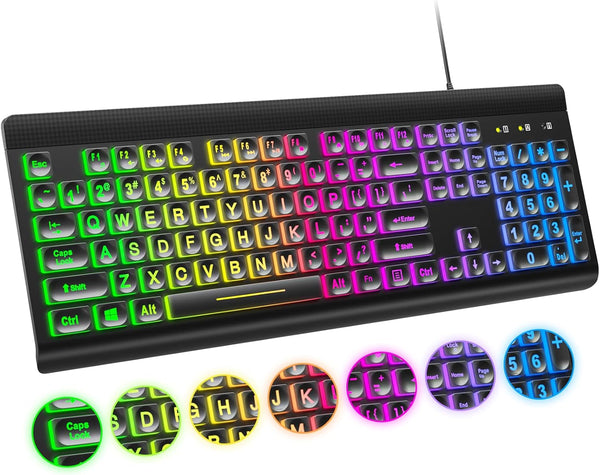 Atelus Large Print Backlit Keyboard, USB Wired Computer Keyboard, Full Size Keyboard with