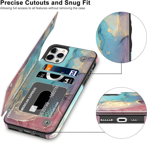 LETO Luxury Flip Folio Leather Wallet Case for iPhone 13 Pro Max, Card Slots Protective Shell (Opal Marble Blue Purple)