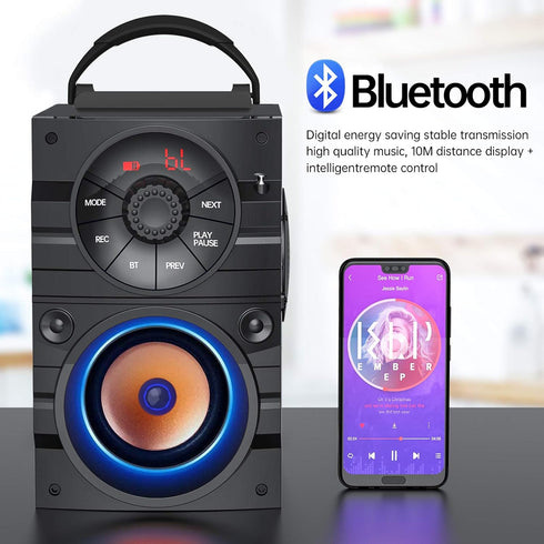 Portable Big Bluetooth Speakers with Light, Wireless with Subwoofer, FM Radio, LED Lights, Booming Bass for Home,