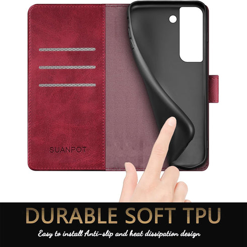 SUANPOT Leather Wallet Case for Samsung Galaxy S22, RFID Blocking Flip Folio Book, Shockproof Cover for Men Women (Red)