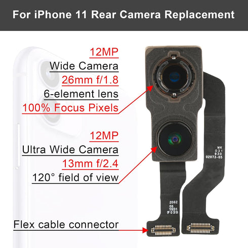 Main Rear Camera Module for iPhone 11, 12MP Replacement with Repair Tools for Models A2221 A2111 A2223