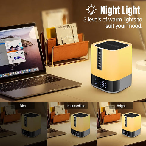 Night Light Bluetooth Speaker, HD Stereo Sound, Wireless Alarm Clock with Multicolor Changing Bedside Lamp