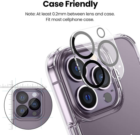 Tensea 3Pcs Tempered Glass Camera Screen Protector for iPhone 14 Pro/Pro Max, HD Clear, Full Edge to Edge, Case