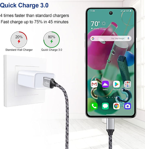 QC 3.0 Fast Wall Charger Cube Car Charger Charger Cable Cord 6FT Fast Charging for Samsung Galaxy A25/A15/A14/A13/A53/A05S/A03S/A23/A33/A54/A53/S23 Ultra/S22 Plus/S21FE, Google Pixel 8 Pro 7 6 Pro 6a