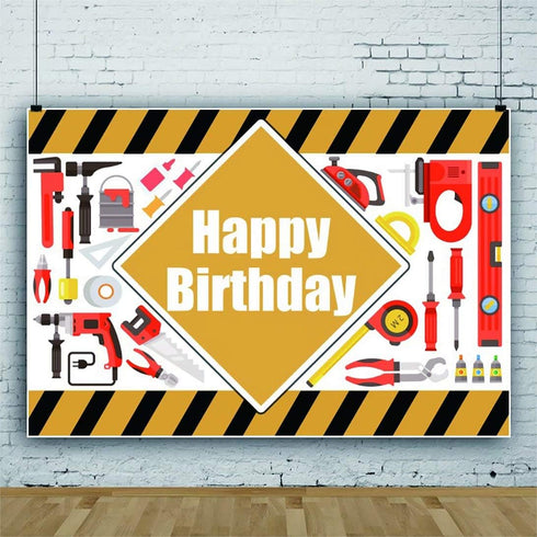 Construction Tools Theme Happy Birthday Backdrop, 7x5ft Vinyl for Boys Birthday Party Decor, Yellow and Black Stripes