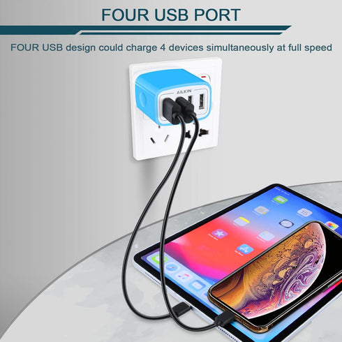 Wall Charger, USB Charger Adapter, AILKIN 4.8A 4-Multi Port Fast Charging Station Power Base Block for iPhone, iPad,