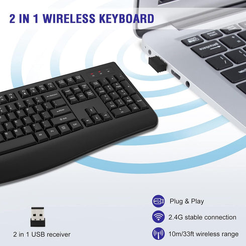 Wireless Keyboard, 2.4G Full-Sized Ergonomic Computer Keyboard with Wrist Rest for Windows, Mac OS, Laptop/PC/Desktop