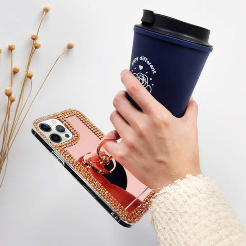 LUVI Bling Diamond Glitter Mirror Case for iPhone 12/iPhone 12 Pro 6.1 inch with Bear Ring Holder Kickstand, Rose Gold