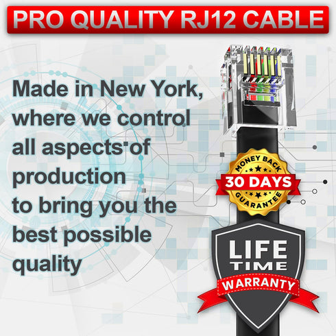 AmzDeals 4-Pack 4 inch Black RJ12 6P6C Male to Male Straight Wired Cable, Pro Grade, Made in USA
