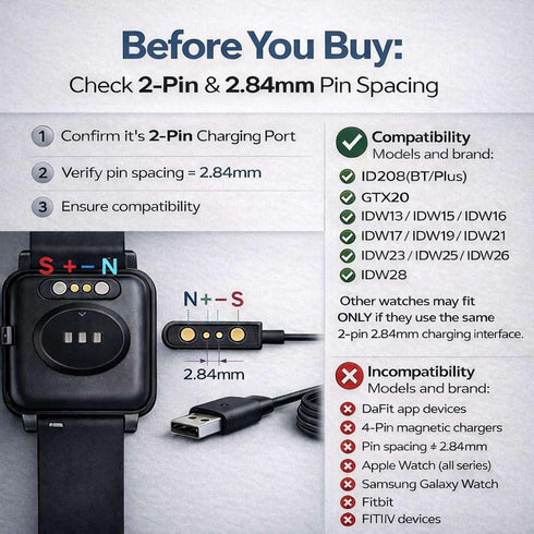 IDW13/15/16/17/19/21/23/25/26/28, ID208, GTX20, Smartwatch Charger, Magnetic Charging Cable for Replacement USB