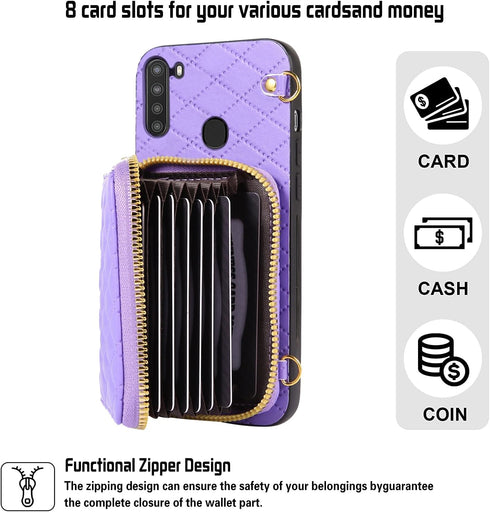 Furiet Zipper Wallet Case for Samsung Galaxy A21, Crossbody Strap, 8 Card Slots, TPU Leather Cover - Purple