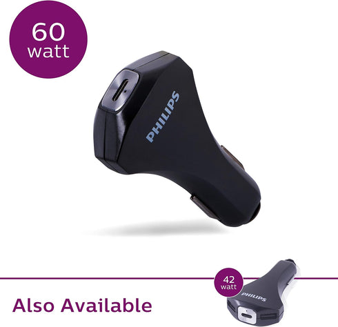Philips 60W USB-C Laptop/Phone/Tablet Car Charger, Power Delivery for Type C Devices, Great for Travel DLP2759Q/37