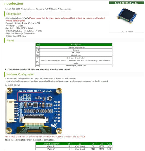 UeeKKoo 1.5inch 128x128 16-bit (65K 1351 STM32,etc. RGB OLED Display Module, Pixels High Color Colors) Driver, SPI
