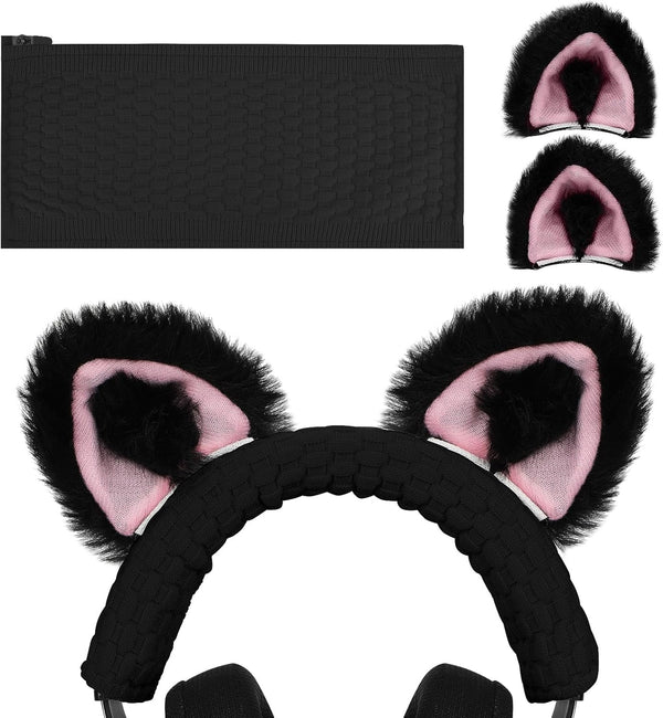 Geekria NOVA Knit Fabric Headband Cover + Cat Ears Attachment for Razer, SteelSeries, HyperX Headphones