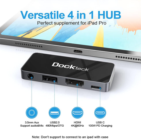 USB C Hub Adapter for iPad Pro 2021 2020 2018, 4 in 1 USB-C Hub with 100W Power Delivery
