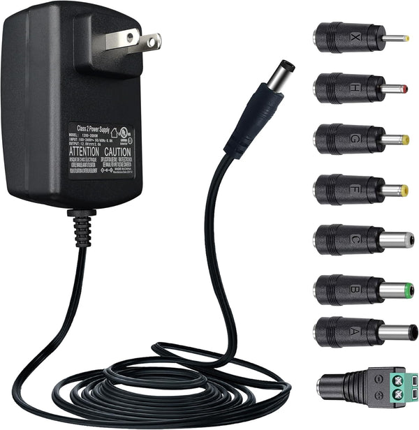 12V 2A 10ft Power Adapter with 8 Tips, 2000mA 24W AC Charger Replacement for LED Strip Light, CCTV Camera, Router