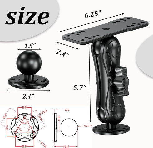 LOKTENWO 1.5" 5.7" Humminbird, Aluminum Alloy Fish Finder Mount Base with C Size Ball Rectangle Plate & Medium Arm