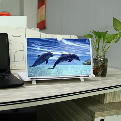 12" Mobile Phone Screen Magnifier, 3D HD Projector Screen for Movies, Foldable Stand, Supports All Smartphones (White)