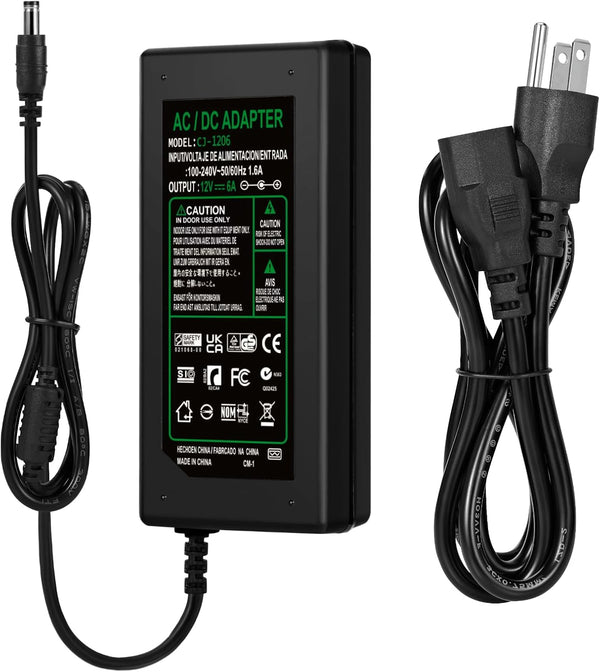 FDALUMIS 12V 6A Power Supply Adapter, 72W AC/DC Transformer 100-240V 50-60Hz to 12