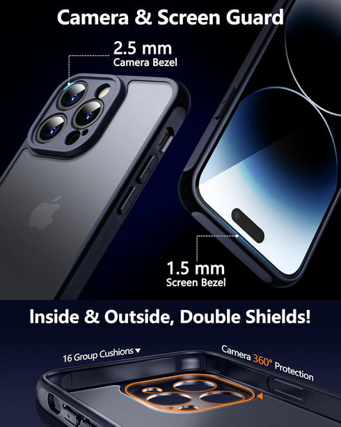 iPhone 14 Pro Case, Black Full-Body Matte Protective Case with Screen Protector and Camera Protection