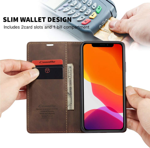 SINIANL iPhone 11 Pro Max Leather Case - Folding Flip Case with Kickstand, Credit Card Slot, Magnetic Closure - Coffee