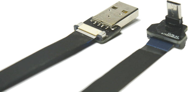 Black FFC USB FPV Flat Slim Thin Ribbon FPC Cable, Micro USB 90 Degree Angle to Standard USB A for Sync and Charging