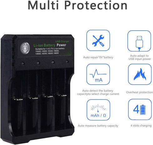 18650 Battery Charger 4 Bay Fast Charge for 3.7V Li-ion Batteries, USB Intelligent Universal Charger