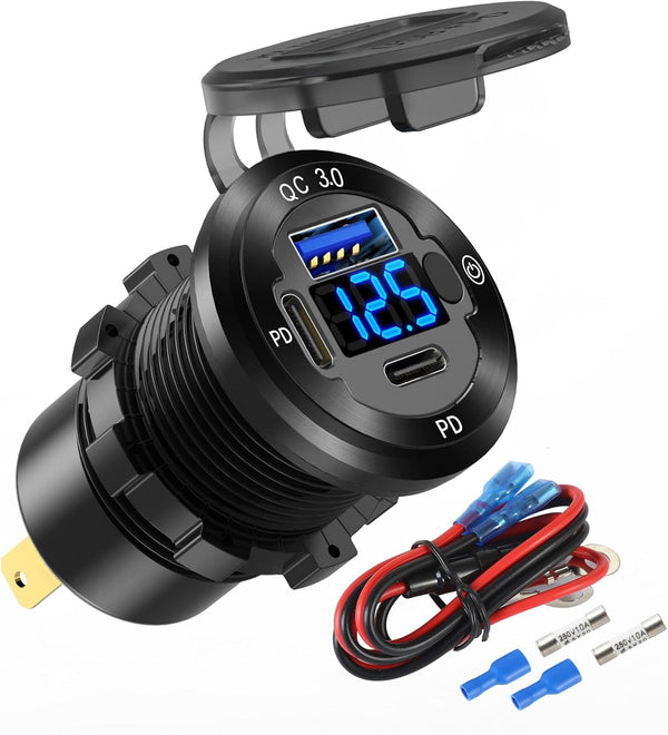 12V USB Car Socket Round USB C Outlet, 3-Port Marine Fast Charger, Waterproof Cigarette Outlet with Switch & Voltmeter