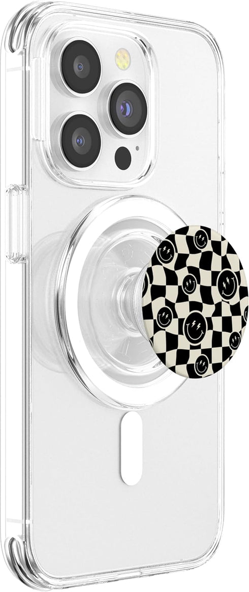 PopSockets PopGrip for MagSafe - Cute Retro Twisted Swirl Black Happy Smiling Face Checkered