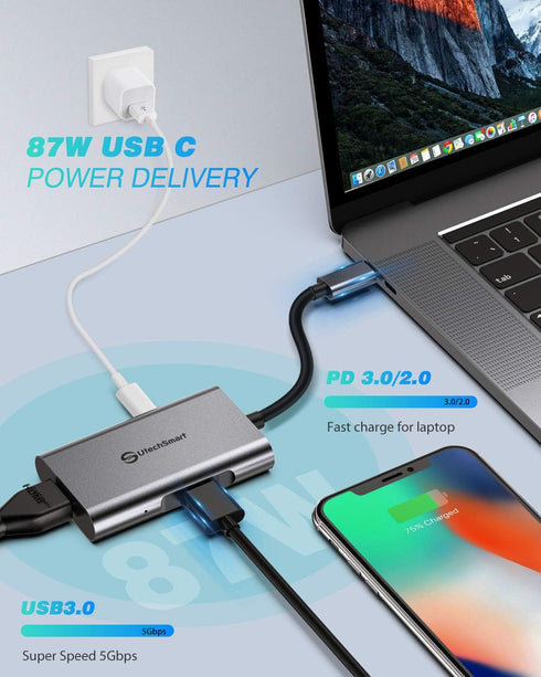 USB C to HDMI Adapter, UtechSmart Hub to Dual HDMI, 4 in 1 Thunderbolt 3 to HDMI with 2 HDMI Ports, 4K, USB 3.0