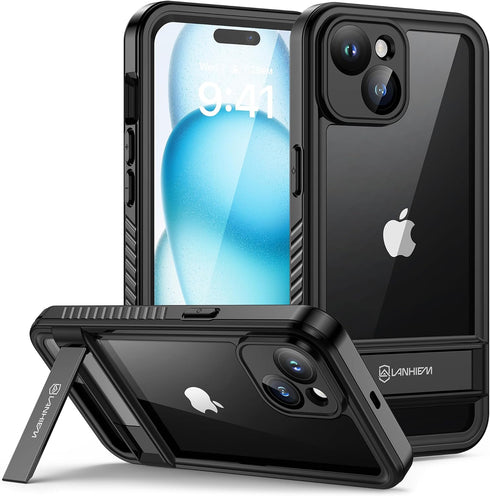 Lanhiem for iPhone 15 Case with Kickstand, IP68 Waterproof Dustproof Built-in Screen Protector,