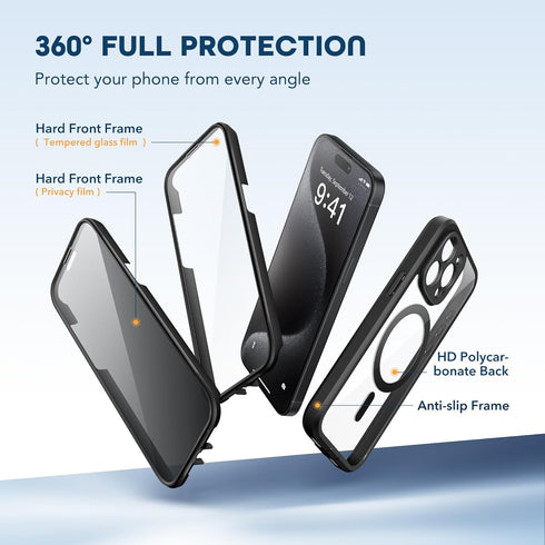 TIESZEN iPhone 15 Pro Case - Magnetic, Magsafe Compatible, 9H Tempered & Privacy Screen Protectors, Upgraded Camera,