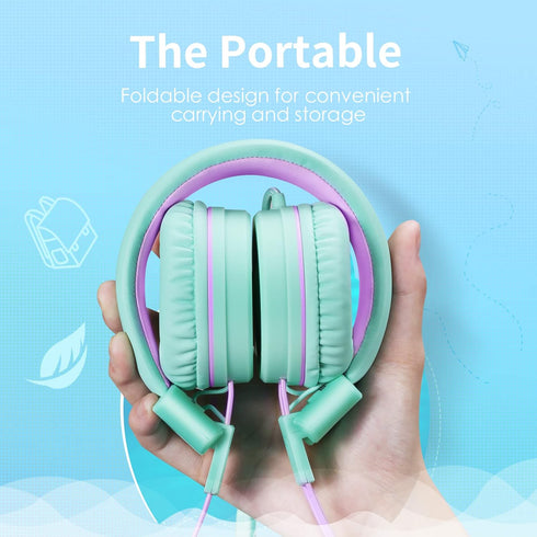 POWMEE P10 Kids Headphones with Microphone - Adjustable Volume Control Foldable On-Ear Headphones, Green.