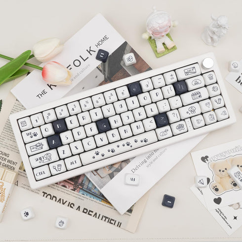 PBT Keycaps 120 Keys, Black White Cute Keycaps, Dye-Sublimation Puppy Comic Theme for Mechanical Keyboards