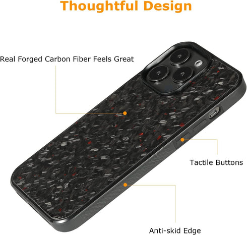 molzar Grip Series Case for iPhone 14 Pro Max, Real Forged Carbon Fiber, Wireless Charging Compatible (Glossy Black/Red)