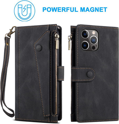 iPhone 11 Pro Max Wallet Case with Tempered Glass, Zipper Credit Card Holder, Crossbody Strap, Black.
