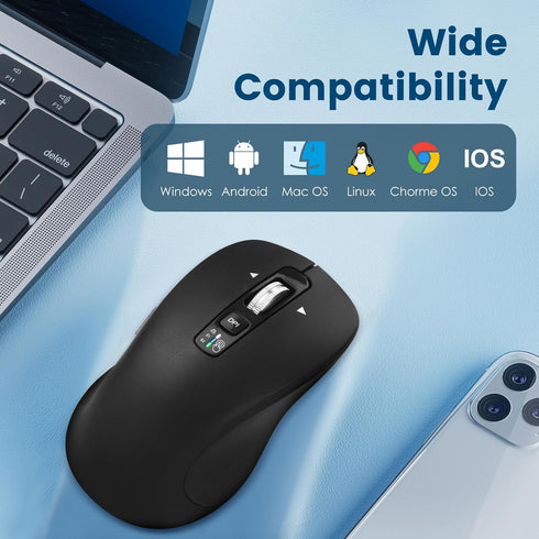 Wireless Bluetooth Mouse (USB + BT1 + BT2), Full Size, Multi-Device Silent Mouse for Computer, Laptop, iPad (Black)