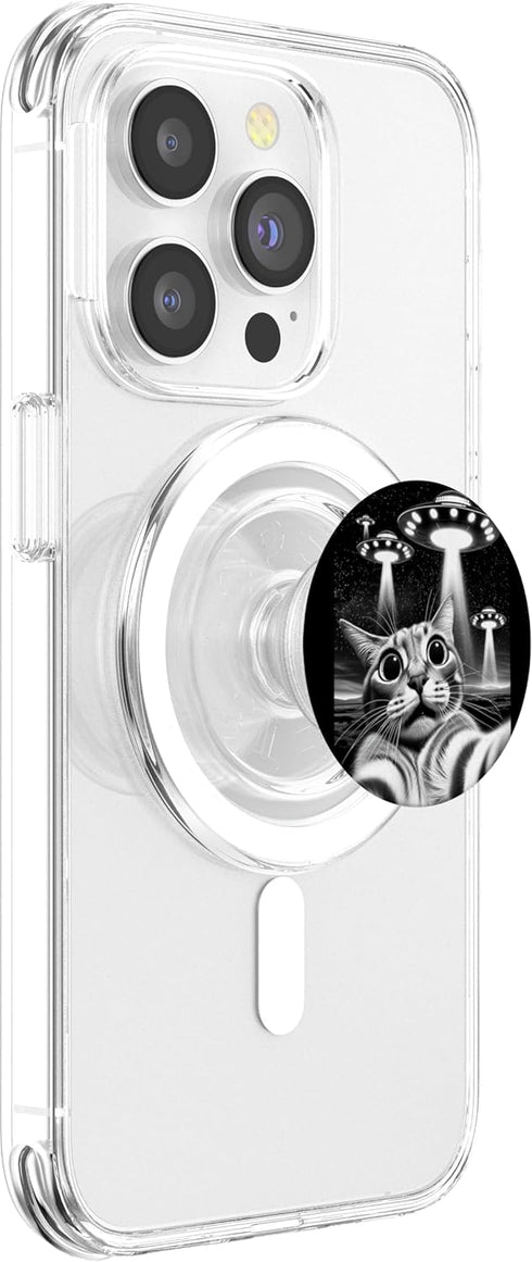 Cat UFO Selfie PopSockets PopGrip for MagSafe, Funny Invasion Meme Retro Alien
