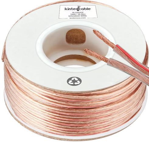 Kinter 100ft 16-Gauge Audio Stereo Speaker Wire Cable, 2 Conductor, Polarity Marked, Flexible Clear PVC