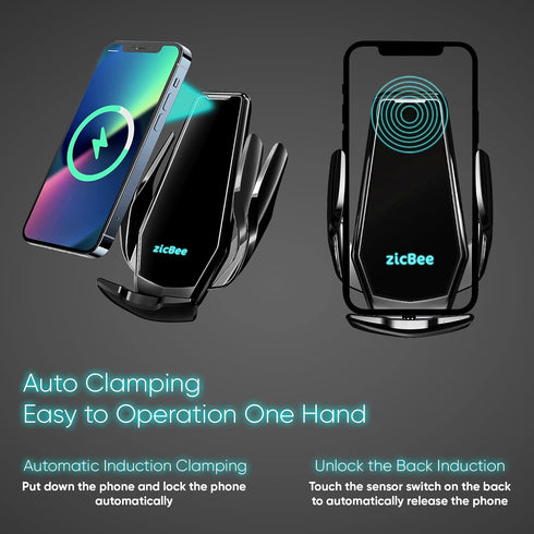 15W Wireless Car Charger - zicBee Qi Fast Charging Auto Clamping Phone Holder for iPhone 15/14/13/12/11 and Samsung