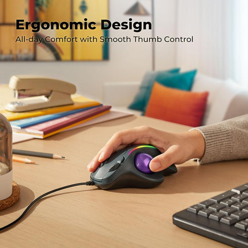 Trackball Mouse Wired, Ergonomic Comfort Design, USB Plug&Play, Precision Tracking with 5 Adjustable DPI, RGB