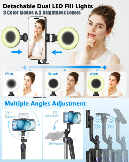 Yeaki 63Auto Vlogging Kit for iPhone/Android, Face Tracking Tripod for iPhone with Light, Wireless Microphones