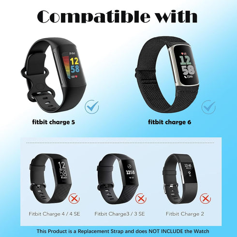 2 Pack Elastic Nylon Bands Compatible with Fitbit Charge 6 / Fitbit Charge 5, Classic Soft Breathable Adjustable Sport Smartwatch Replacement Wristband for Women Men